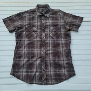 JF J Ferrar Modern Fit Short Sleeve Snap Up Brown Blue Plaid Shirt Pearl Snaps L